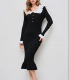 Fongt Retro-Collending Lotus Leaf-Side Elegant Knitted Dress Slimy Temperamental Dress
