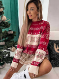 Fongt Women's Round-Neck Red Knitted Blouse Casual Snowflake Christmas Sweater