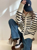 Fongt Lapel Stripe Double Zipper Knit Cardigan Women's 2024 New Loose And Versatile Thin Sweater Coat-Outfit