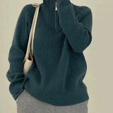Women Rib Knitting Open Zipper Lapel Sweater 2021 Autumn Vintage Pullover Knitwear Long Sleeve Retro Ladies Knit Jumper