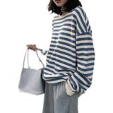 Fongt 2024 New Korean Women's Striped Long-Sleeved T-Shirt Female Top Students Thin Loose Round Collar Hoodie