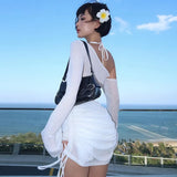 Fongt Spring And Summer New Sexy Fashion Wrinkle Hood Perspective Diagonal Collar Seaside Beach