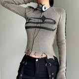 Vintage Ripped Stitched Sweater Pullovers Harajuku Print Full Sleeve Jumpers for Women Autumn Winter Knitwears Streetwear-Outfit