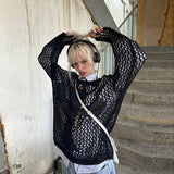 Fongt Smock Hollow Out Long Sleeve Knit Sweater Female Pure Color Versatile Loose Lazy Lazy Wind Sweater-Outfit