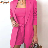 and Summer Solid Color Vest Suit Jacket Fashion Temperament High Waist Shorts Three-piece Women's Dress Pink