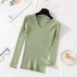 Casual Slim Pit Knitted Sweater Long Sleeve Sexy V neck Solid All-match High Street Pullover 2021 Winter New Fashion