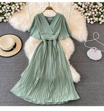 Fongt New V-Neck Short-Sleeved Dress Over Knee-Repaired Lady's Waist Tie Mid-Slap Dress