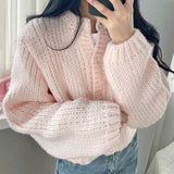 Round Neck Lantern Sleeve Knitted Cardigan-Outfit