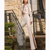 Fongt New Fashion Round Neck Heavy Industry Nail Beads Short Jacket Open Fork Trousers Set