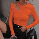 Fongt New Irregular Hollow Long Sleeve T-Shirt Women's Round Collar Solid Color Slim Bottom Top-Outfit