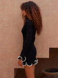 Long Sleeve Knit Ruffled Trim Mini Dress-Outfit
