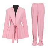 Casual Pink Trouser Suits Female Notched Long Sleeve Korean Slim Blazer High Waist Wide Leg Pants Women's Suit