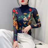 Autumn Winter Women's Long Sleeve Turtleneck T-shirts Lady Positioning Printing Flowers TShirt FF0837-Outfit