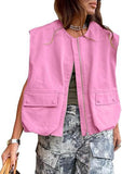 Fongt New Sleeveless Pocket Loose Vest Zipper Coat Woman