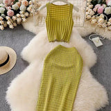 Fongt Hottie Port Style Suit Women's Summer Short Vest Top With High Waist Half Skirt Knit Two Sets