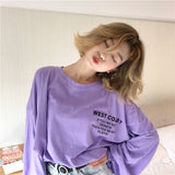 oversized T Shirt Women batwing Sleeve Basic Korean letter printed purple Tops Femme Long Sleeve White Tshirt