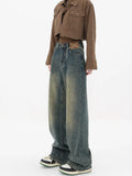 Fongt New Retro Wash Do Old Straight Leg Jeans Female Design Feeling High Waist Loose Versatile Drag Wide Leg Pants-Outfit