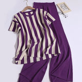 Fongt Temperament Famous Knitted Fashion Suit Round Collar Vertical Fork Short Sleeve Top + High-Waisted Solid Trousers