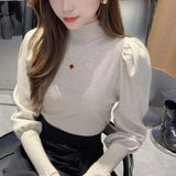 Korean Version Semi-High Round Collar Design Bubble Sleeve Knitted Sweater Autumn And Winter New Foreign Style Pullover Women's Dress-Outfit