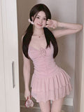 Pink Sexy Sweet Strap Dress Women Korean Fashion Party Mini Dress Female Ruffled Backless Designer Suspender Dress