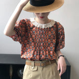 Floral Women Short Shirts Short Sleeves Lace Up Neck Korean Chic Lady Blouse Patchwork Female Outwear
