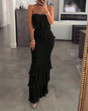 Fongt Fashion Sexy Temperament Women's Pure Color Sleeveless Breasts To Take The Folding Lotus Leaf Side Dress