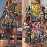 Fongt Women's Wear 2024 New Print Round Collar Waist Belt Fold Flounce Vintage Winter