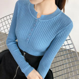 And Winter Design Round Collar Leaky Clavicle Knitted Bottomed Shirt A Slim Short Pit Striped Thin Sweater Button Blouse-Outfit