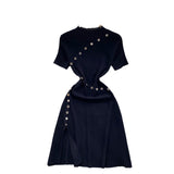 Fongt Temperament Half-High Collar Short-Sleeved Dress Female Design Button-Skinny Open Fork Medium Long Knitting Skirt