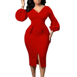 Fongt Women's V-Neck Bubble Bubble Sleeve Open Fork Dress Office Pencil Dress African Dress