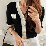 V-neck Cardigans Femme Short Sleeve Sweater Single Breasted Ropa Mujer Korean Simple Knitwears Summer 2024 Sueters-Outfit