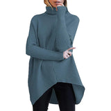 Fongt Winter Women Irregular Hem High Collar Jumper Long Sleeve Knit Sweater