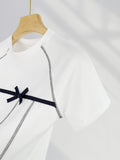 Fongt Combed Cotton White T-Shirt Women's Pure Cotton Bright Thread Design Bow Knot Rotator Sleeve Round Collar Short Sleeve Shirt Ins-Outfit