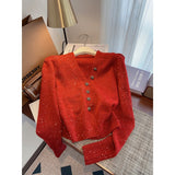 Style Fragrant Style V-Neck Cardigan Female Autumn And Winter Design Snowflake Knitted Jacket Minority Chic Blouse-Outfit