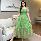 Fongt Gentle Wind And Rags Retro Tea Chiffon Dress Female Waist Temperament Shoulder Bubble Sleeve Mesh Dress