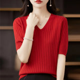 Fongt The Summer Of 2023, Women's Knit Short Sleeve Korean V-Neck Solid Color T-Shirt And A Pit Top-Outfit