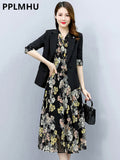 Floral Dress Suits Women Chiffon 2 Piece Sets Korean Unlined Blazer Outfits Tank Print Dresses Tracksuit Boho
