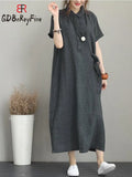 Dress Women Cotton Linen Vintage Casual Loose Oversie Lapel Short-sleeved Dress New In Mid-length Long Dress for Women-Outfit