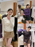 Fongt Xixi 2025 Autumn White Standard Elegant Temperament Chiffon Neck Thin Knitted Small Shirt 89631