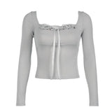 Stitching Square Neck Coquette Bow Long Sleeve Tee-Outfit