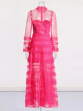 Spring 2025 New Fashion Round-Neck Mesh Splicing Design Perspective Advanced Sense Long Dress Dress