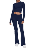 Long Sleeve Cropped Top Fold-over Flare Pants Set-Outfit