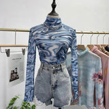 Autumn Single-Layer Mesh Base T Shirt Girls Printed Full Sleeve Turtleneck Tees Slim Women See Through Tshirts-Outfit