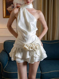 White Satin Halter Frill Flower Drape Mini Dress-Outfit