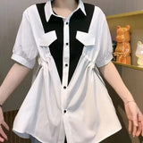 Streetwear Solid Color Patchwork Blouse Women's Clothing Casual Single-breasted Shirring Summer Commute Polo-Neck Shirt-Outfit