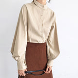 Sense Niche 2023 Spring Grinding Hair Loose Show Thin Stand Collar Lantern Sleeve Foreign Style Long Sleeve Shirt-Outfit