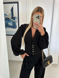 Ebay Hot Spring Solid Color V Collar Button Lantern Sleeve Shirt Shirt Woman-Outfit
