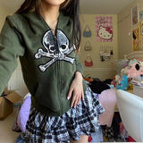 Vintage Skull Graphic Zip Up Hoodie-Outfit