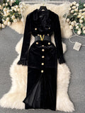 Retro Long-Sleeved Gold Velvet Dress Women's High-End Light Extravagant Suit Collar Waist Metal Button Medium Dress-Outfit