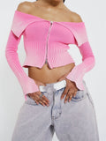 Lapel Gradient Print Long Sleeve Cardigan Crop Top for Women Off Shoulder Knitted Ribbed Zip Up Sweaters Jumpers 2023-Outfit